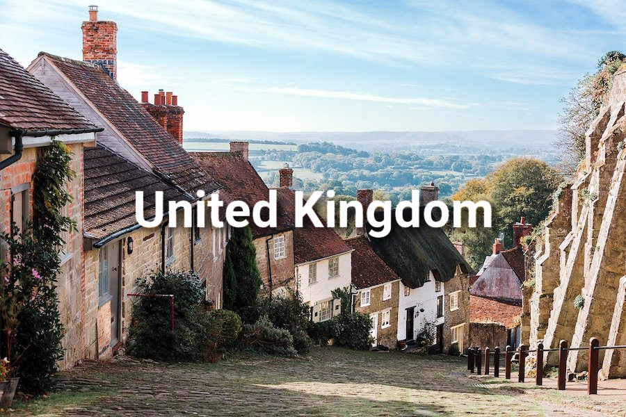 Rustic village street in rural England with the words United Kingdom superimposed on top